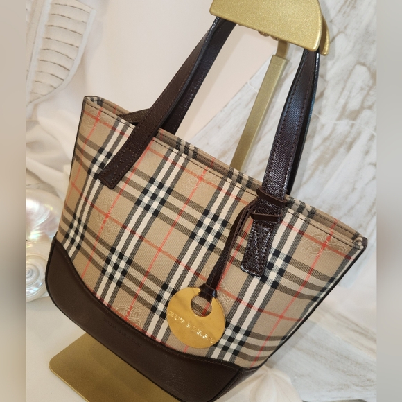 Burberry | Haymarket Check Printed Brown Leather Trim Mini Handle Bag-Like new! - Picture 14 of 15